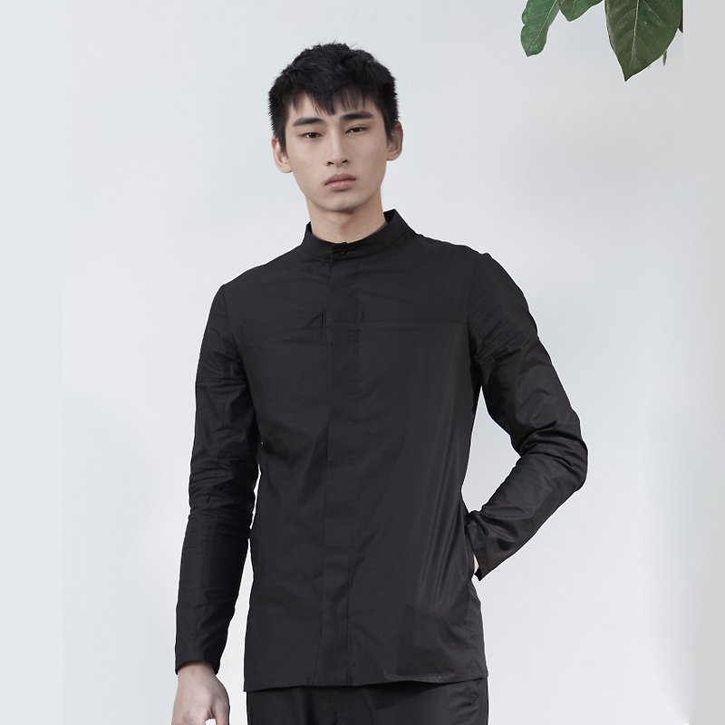 TRAN - stitching pocket stand shirt - Men's Shirts - Cotton & Hemp Black