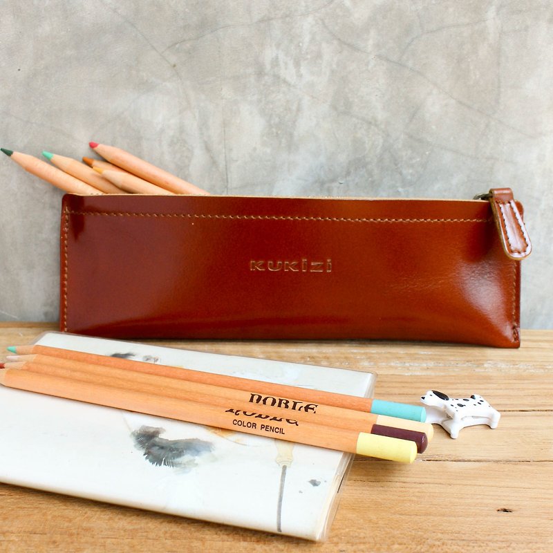 Pencil case - Pie - Tan (Genuine Cow Leather) / Pen case / Accessories Case - Pencil Cases - Genuine Leather Brown