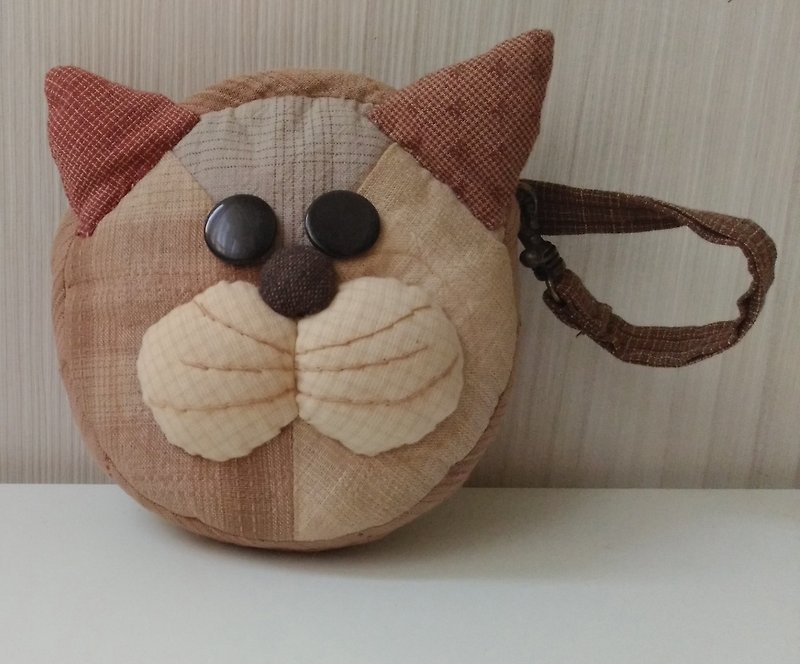 Meow Meow Handbag*Handmade by Wenzi*Japan Dyed Fabric - Coin Purses - Cotton & Hemp Khaki