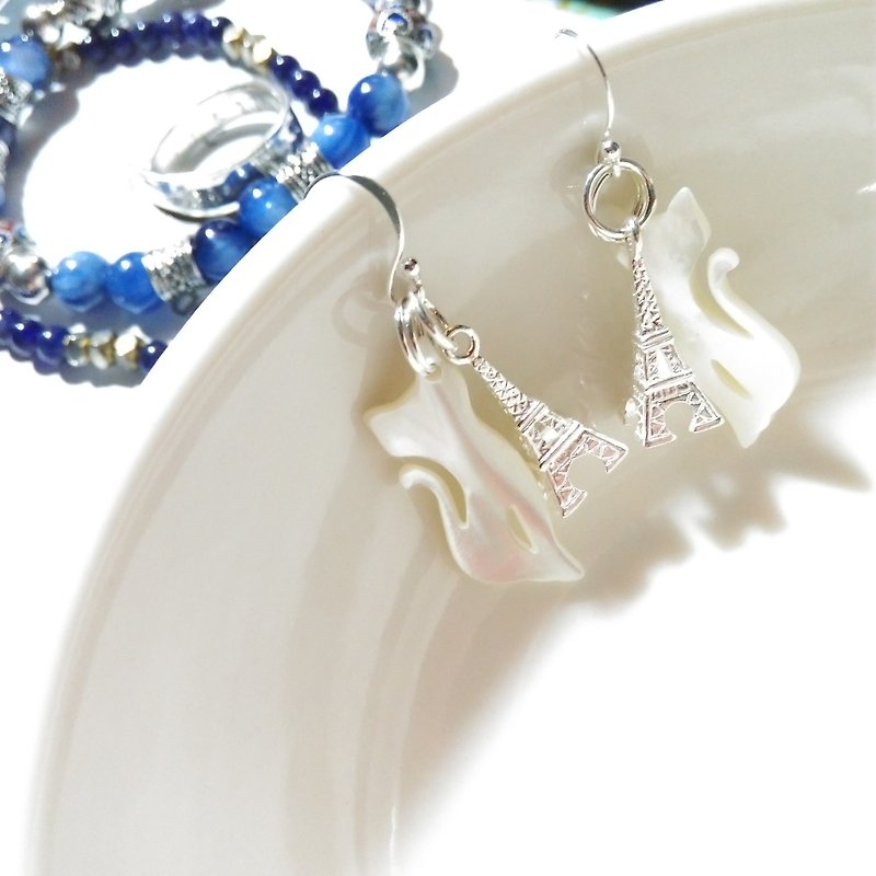 【LeRoseArts】Français系列手製耳環-925純銀精緻鐵塔+貝殼貓貓吊飾 - 耳環/耳夾 - 寶石 白色