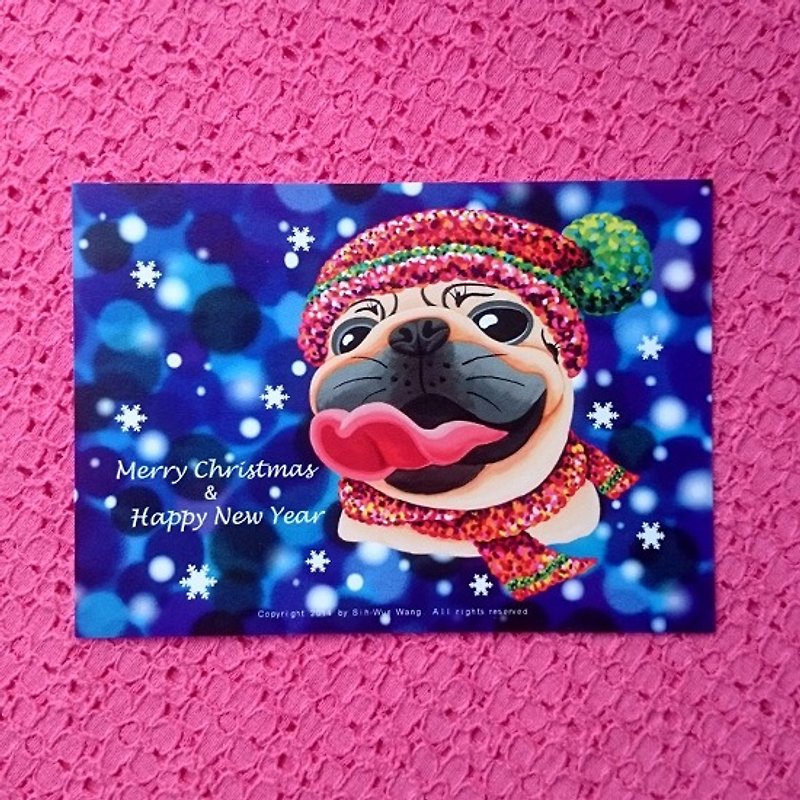 Postcard-Merry Christmas & Happy New Year Pug-01 - การ์ด/โปสการ์ด - กระดาษ ขาว