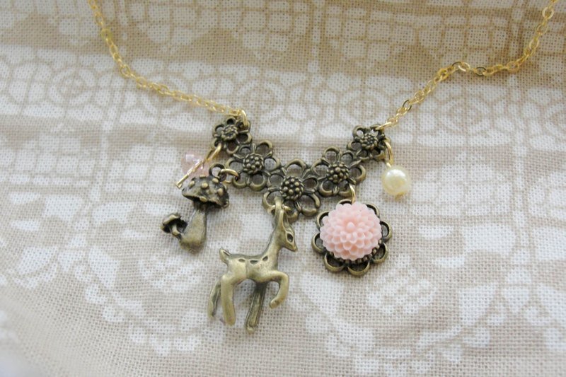 * Forest * Forest deer Dangle Necklace - Pink (f550) - สร้อยคอ - โลหะ 