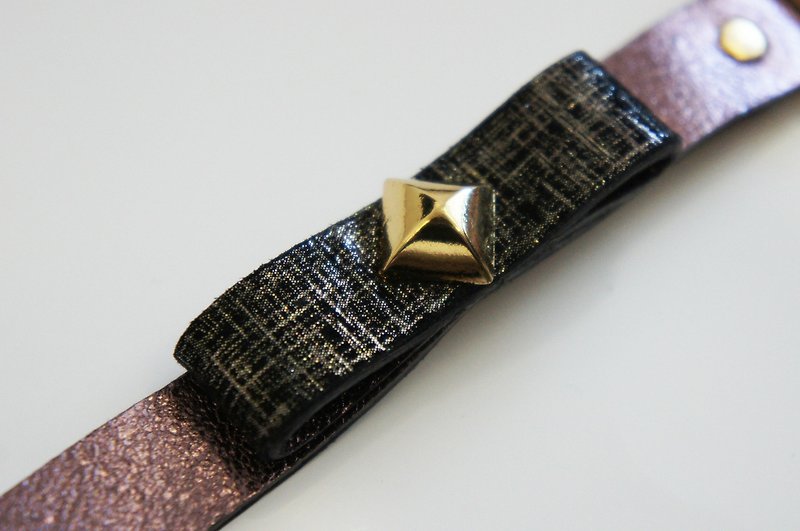 Silver Plaid Black Suede Bowknot Bright Purple Cowhide Gold Square Rivet Bracelet PdB New York Handmade Leather Goods - สร้อยข้อมือ - หนังแท้ สีม่วง