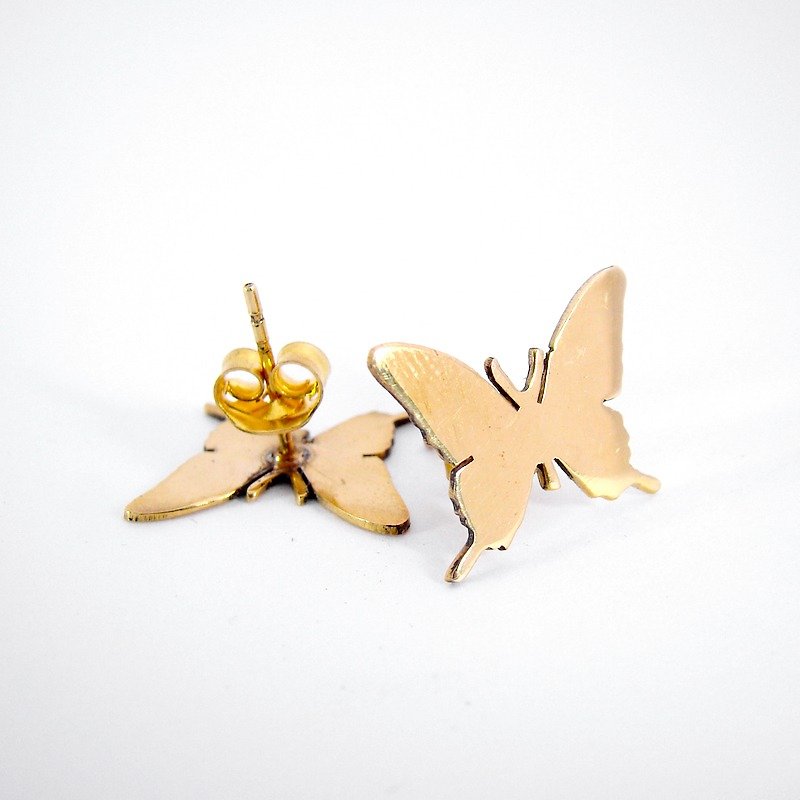 Butterfly studs earrings in brass handmade by hand sawing - Earrings & Clip-ons - Other Metals 