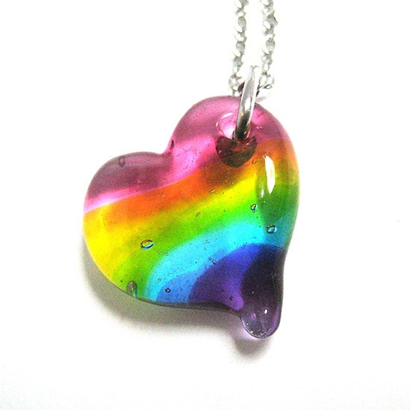 Rainbow Rendering Stacked Color Small Love Heart Handmade Glass Necklace - Necklaces - Glass Multicolor