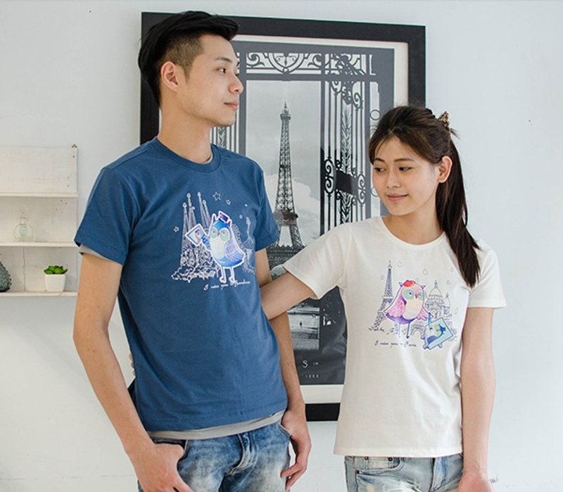 【世界旅行貓頭鷹】情侶裝/短袖T-shirt/獻給喜歡旅行的情侶 - 男 T 恤 - 棉．麻 藍色