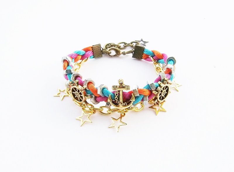 Nautical red blue orange braided bracelet with golden chain and stars - 手鍊/手環 - 其他材質 多色