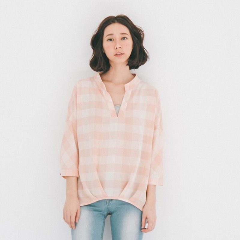 Xu Xu children ♪ V-neck plaid shirt whims _ powder - Women's Shirts - Other Materials Pink