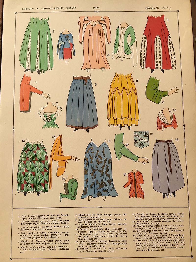 法國近百年手工上色宮廷貴族服飾樣式書 1037~1461年的服裝範例（單頁如圖） - 雜誌/書籍/小誌 - 紙 