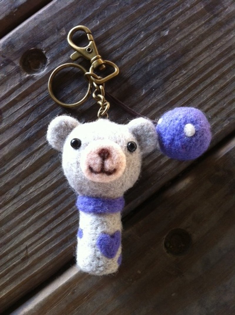 Wool felt grey smiling bear key ring - Keychains - Wool Gray