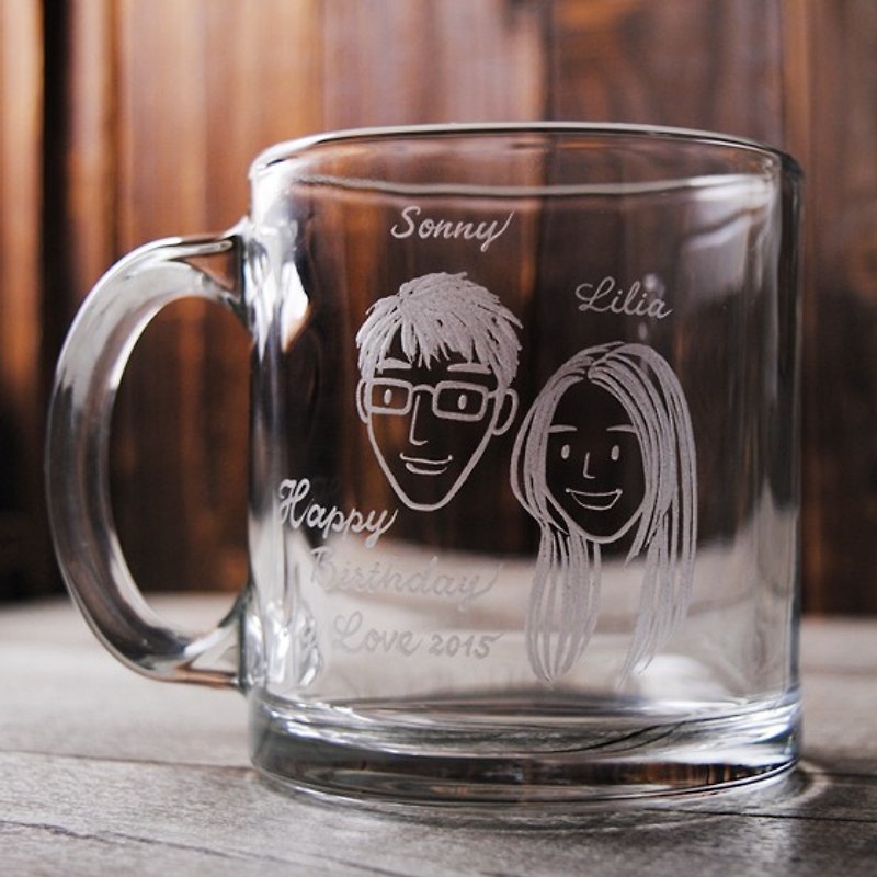 350cc【簡易Q版情侶杯】(簡易版) 2人肖像馬克杯 耐熱杯 客製化 - 似顏繪/客製畫像 - 玻璃 咖啡色