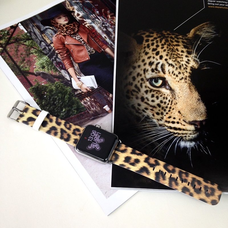 Leopard Yellow Brown Printed on Leather watch band for Apple Watch Series 1 - 5 - อื่นๆ - หนังแท้ 