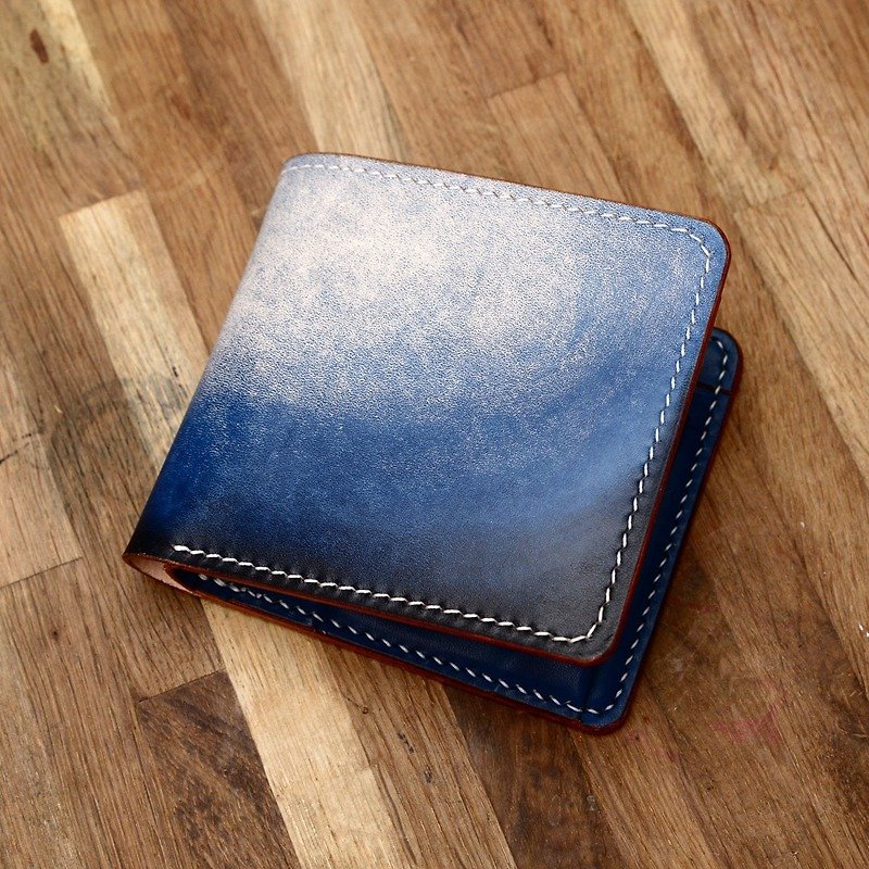 Can hand-made two-fold horizontal hand-dyed handmade deep space blue vegetable tanned leather short fortune minimalist cowhide wallet wallet - Wallets - Genuine Leather Blue