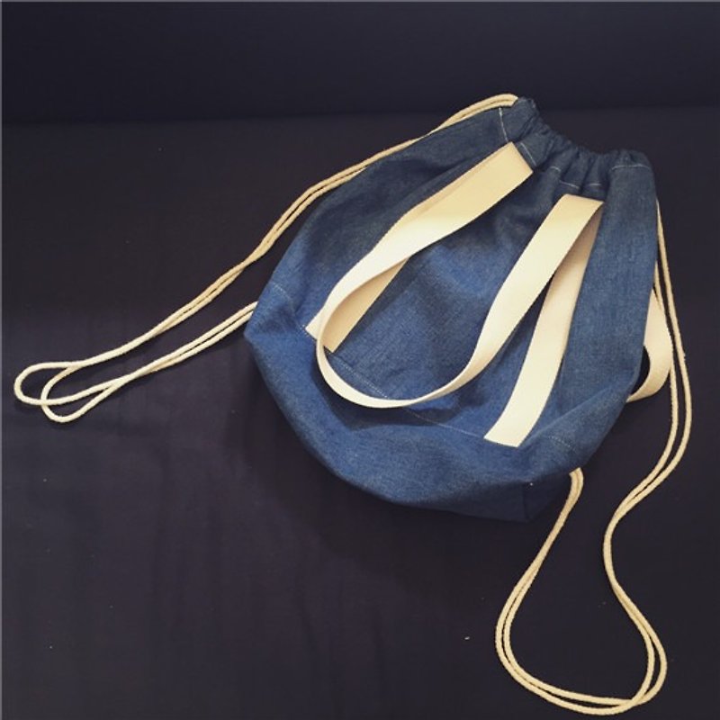 Mingen Handiwork2015手工包斜跨休閒包單肩包背包抽帶女包 - 水桶袋/索繩袋 - 棉．麻 藍色