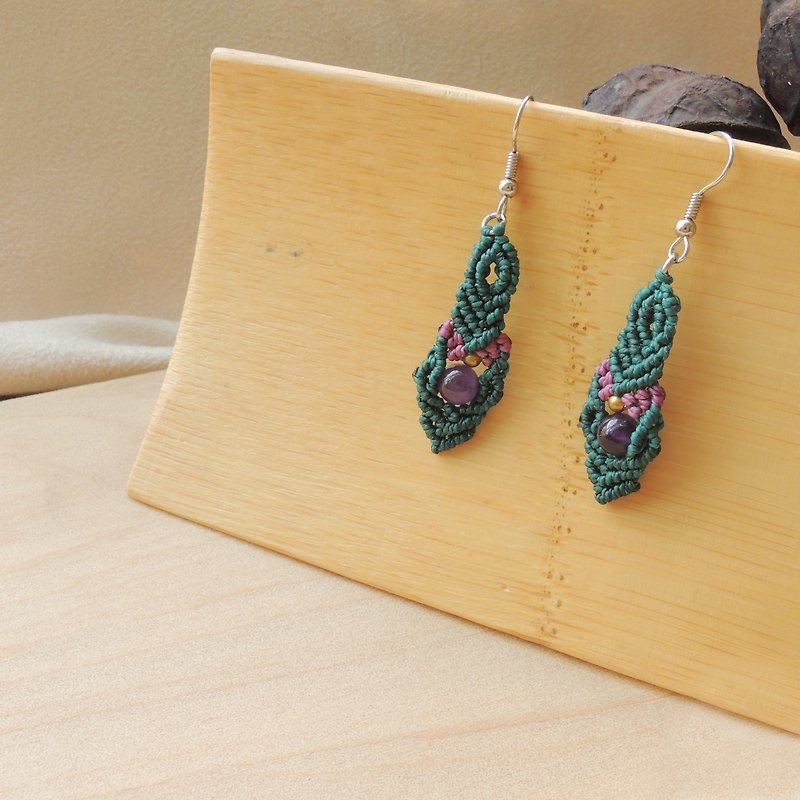 Mystery / natural stone x Brazilian silk Wax thread earrings - Earrings & Clip-ons - Gemstone Purple