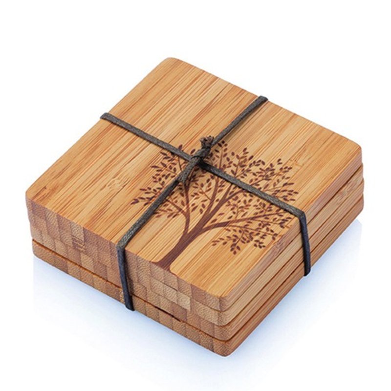 【Bambu】童趣圖紋竹杯墊-許願樹(4塊組) - 廚具 - 竹 卡其色