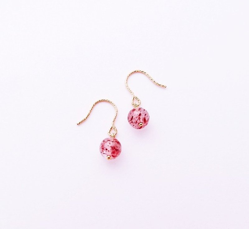 Pink round Q natural top strawberry earrings 14K GF gift natural stone light jewelry - Earrings & Clip-ons - Gemstone Red