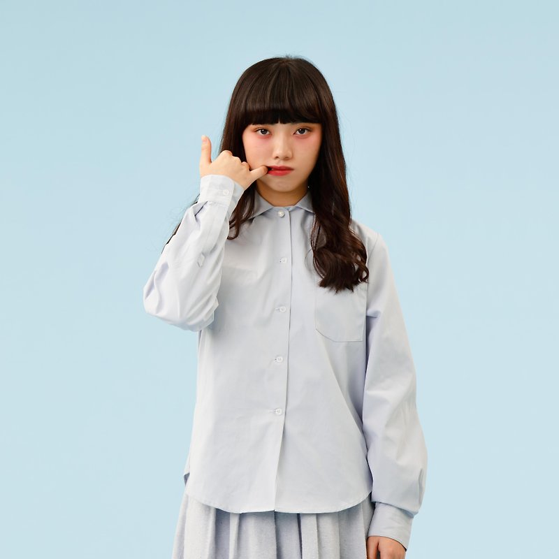 Wide scallop collar doll shirt (with pearl buttons) - Women's Shirts - Other Materials Blue