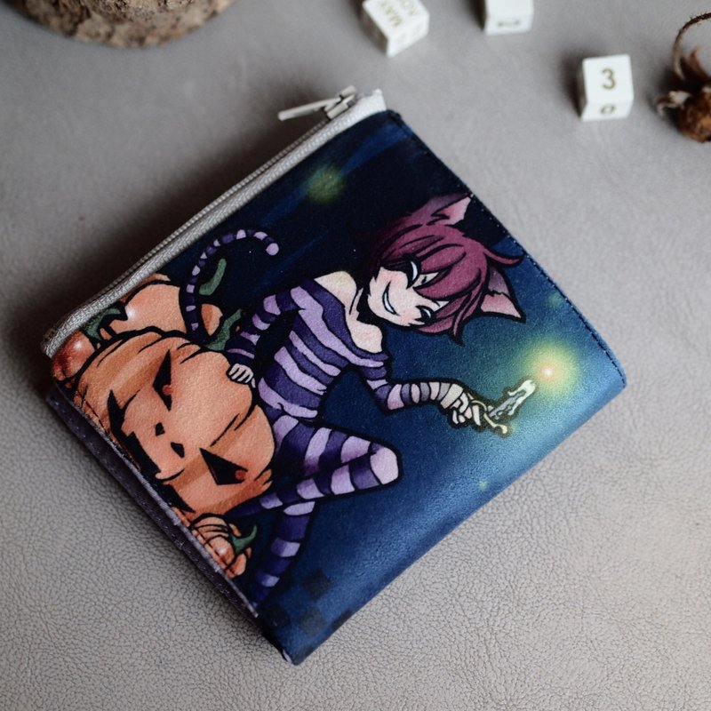 Short clip wallet │ Alice in Wonderland │ Pumpkin Forest x Cheshire Cat - Wallets - Cotton & Hemp Purple