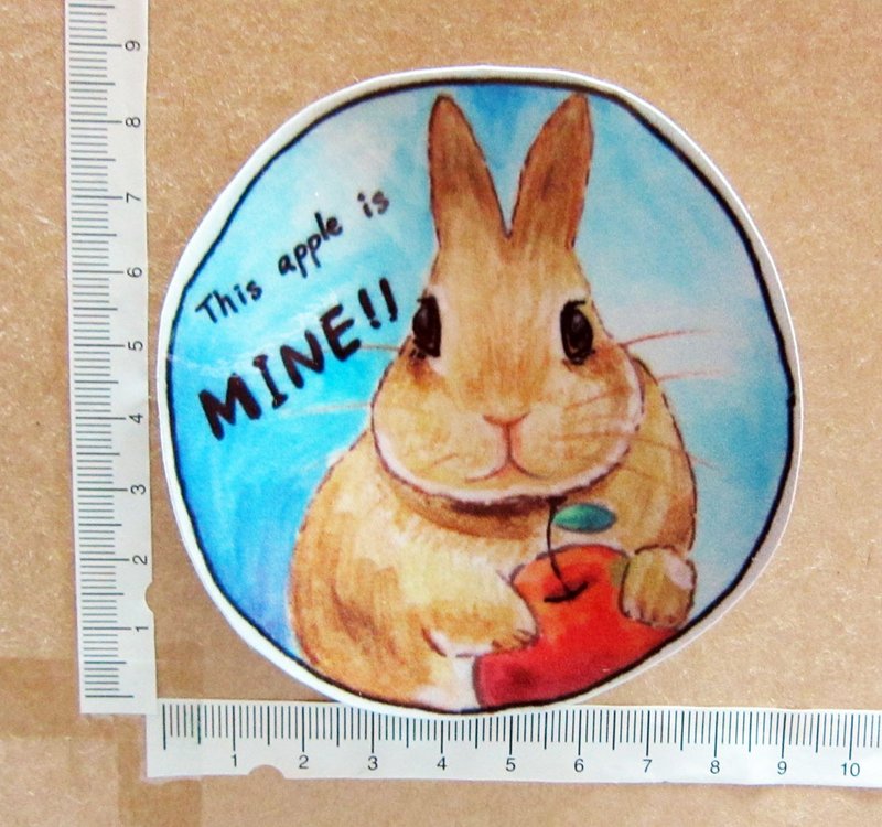 Hand-painted illustration style completely waterproof sticker hare grabs an apple - Stickers - Waterproof Material Brown