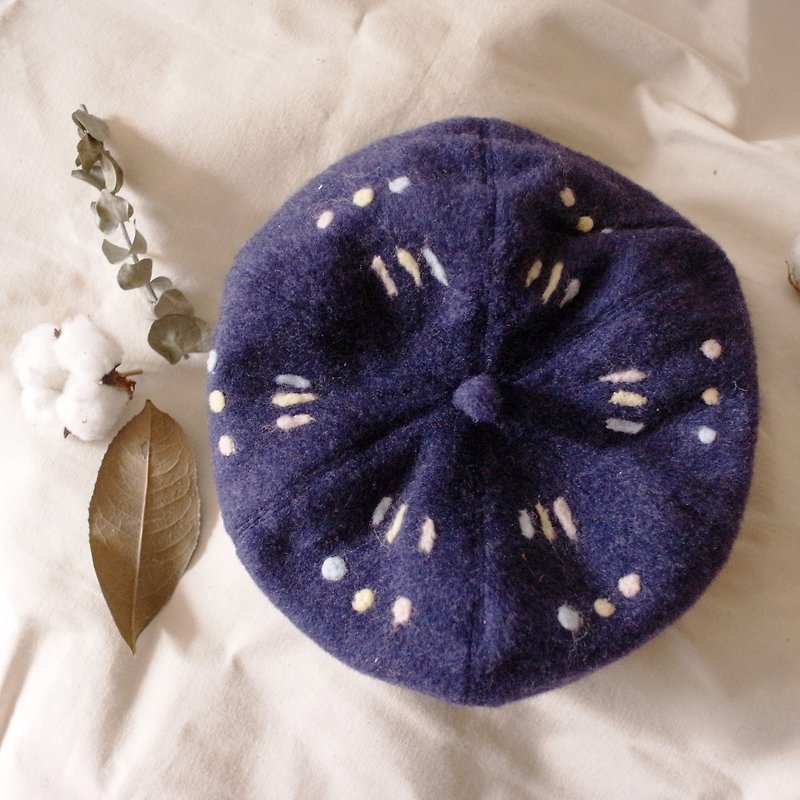 Dark Blue Wool Felt Macaron Line Dot Pumpkin Hat - หมวก - เส้นใยสังเคราะห์ สีน้ำเงิน