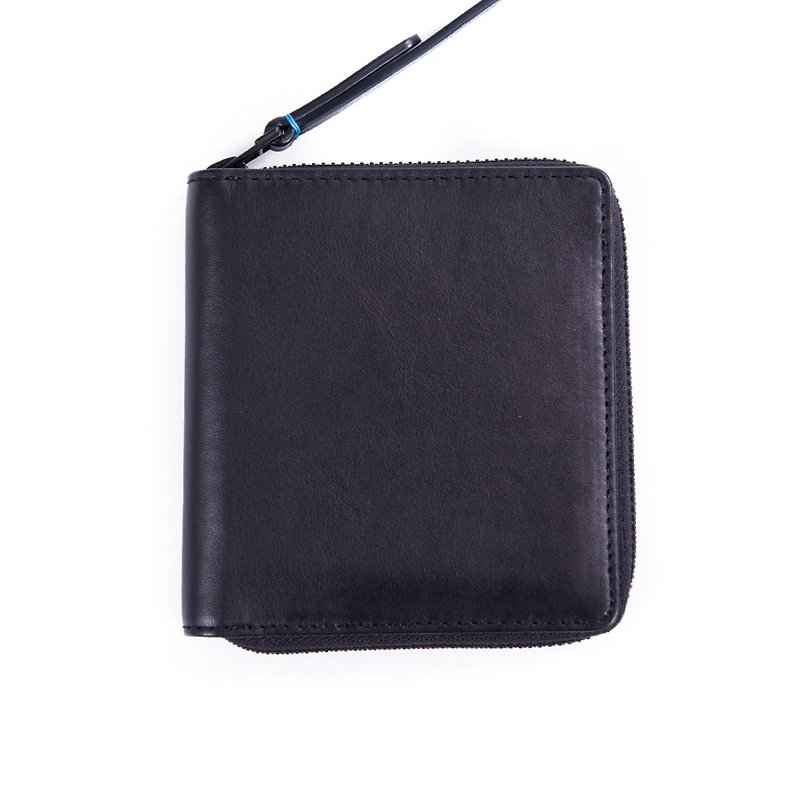 Patina leather handmade 7 card zipper short clip - Wallets - Genuine Leather Black
