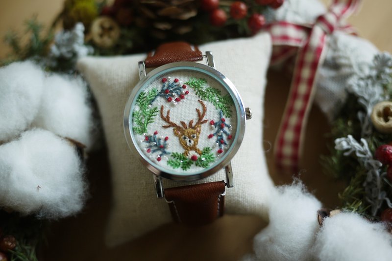 Forest Fauna - Elk Garland Embroidered Leather Watch/Accessories - นาฬิกาผู้หญิง - งานปัก สีนำ้ตาล