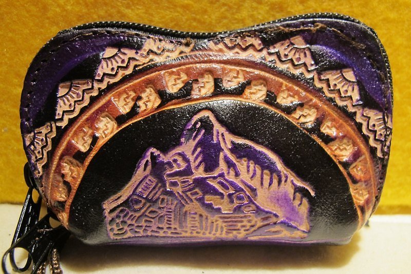 Dyeing leather handle small purse - leather brand totem (Machu Picchu) - กระเป๋าใส่เหรียญ - หนังแท้ สีน้ำเงิน