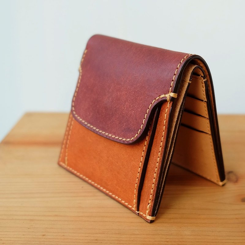 isni [Card and Coins Wallet] Pueblo-red brown/retro-yellow design/handmade leather - กระเป๋าสตางค์ - หนังแท้ สีแดง