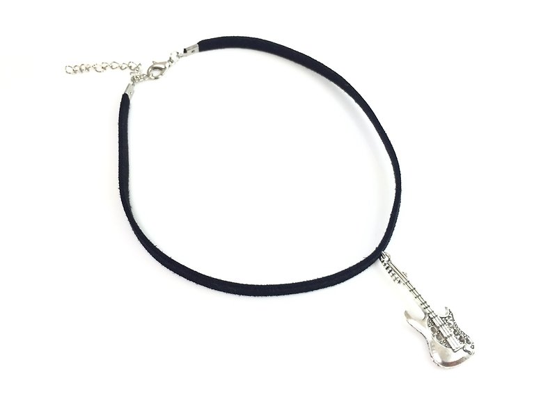 "Silver Guitar Necklace" - Necklaces - Genuine Leather Black