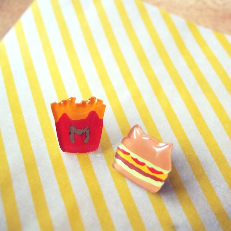 Meow原創手作薯條漢堡貓貓耳環 (可改夾式) - 耳環/耳夾 - 塑膠 多色