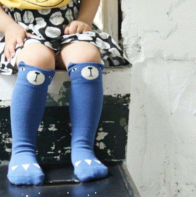 【韓國製】彌之星MiniDressing- 酷酷小熊兒童彈性襪｜止滑襪｜童襪 - 童裝鞋 - 棉．麻 藍色