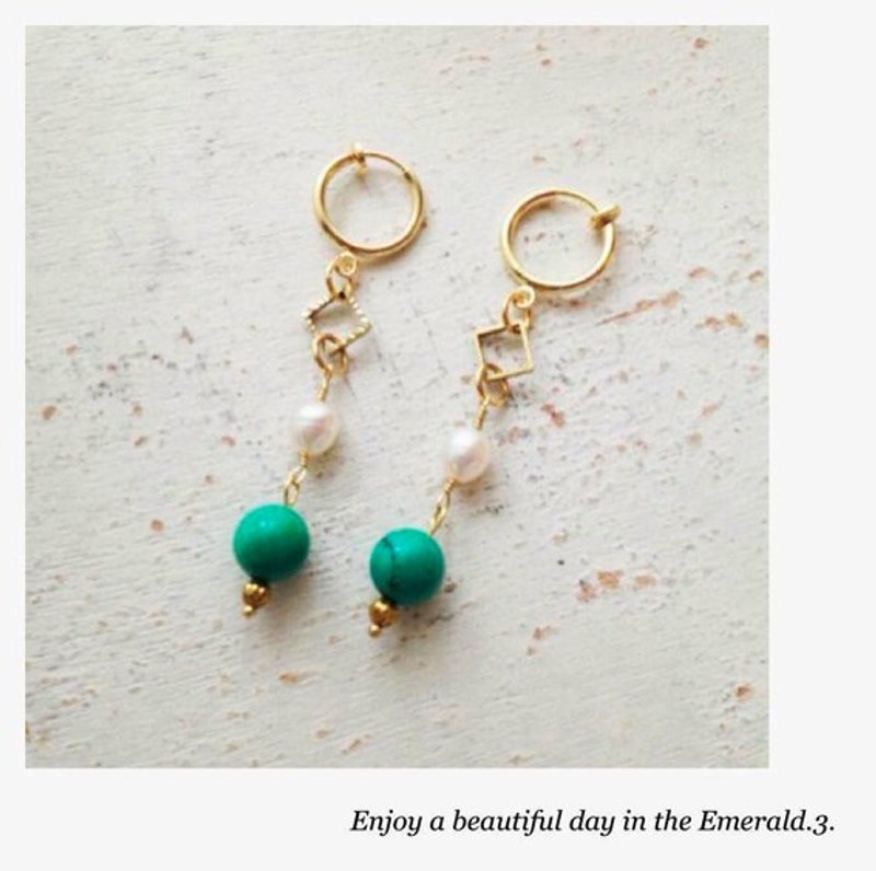 [A] classical Emerald.3 emerald pearl turquoise brass earrings (clip-on) - Earrings & Clip-ons - Other Metals Blue