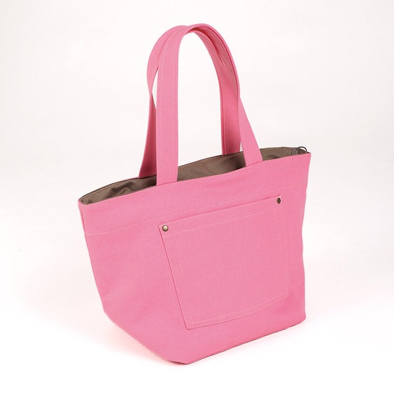 haute couture series - posted outside pocket tote bag - pink roses - กระเป๋าถือ - ผ้าฝ้าย/ผ้าลินิน สึชมพู