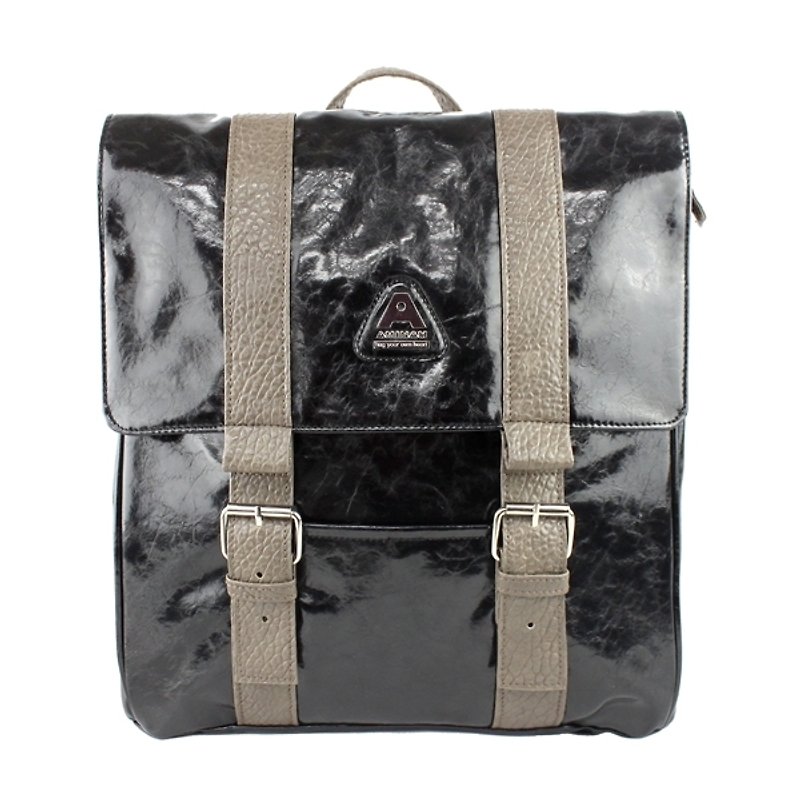 AMINAH-Black glossy square backpack [am-0258] - Backpacks - Faux Leather Black