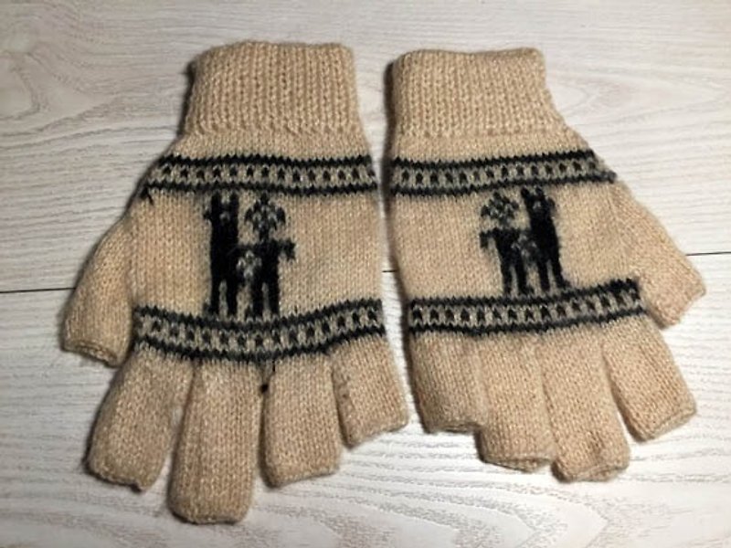 Alpaca wool gloves half finger pattern - khaki Black - Gloves & Mittens - Other Materials Gold