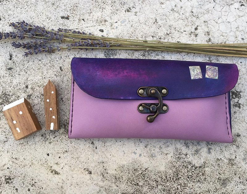 Accordion vegetable tanned leather long wallet - Lisbon story - Lavender color - กระเป๋าสตางค์ - หนังแท้ สีม่วง