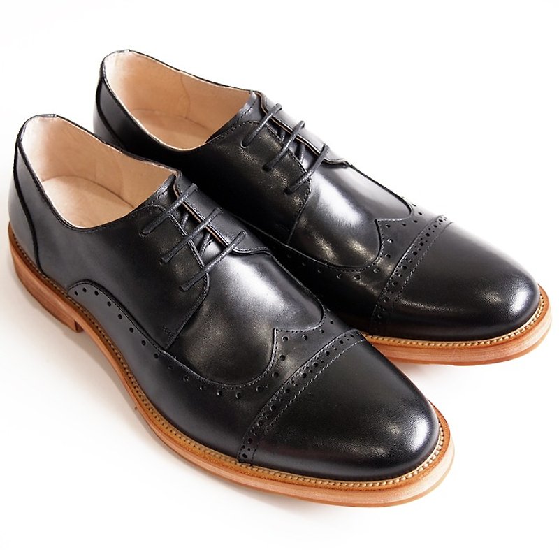 [LMdH] D1A33-99 calf leather hand-painted carved wood grain open Phut wing with Derby - Black - Free Shipping - Men's Oxford Shoes - Genuine Leather Black