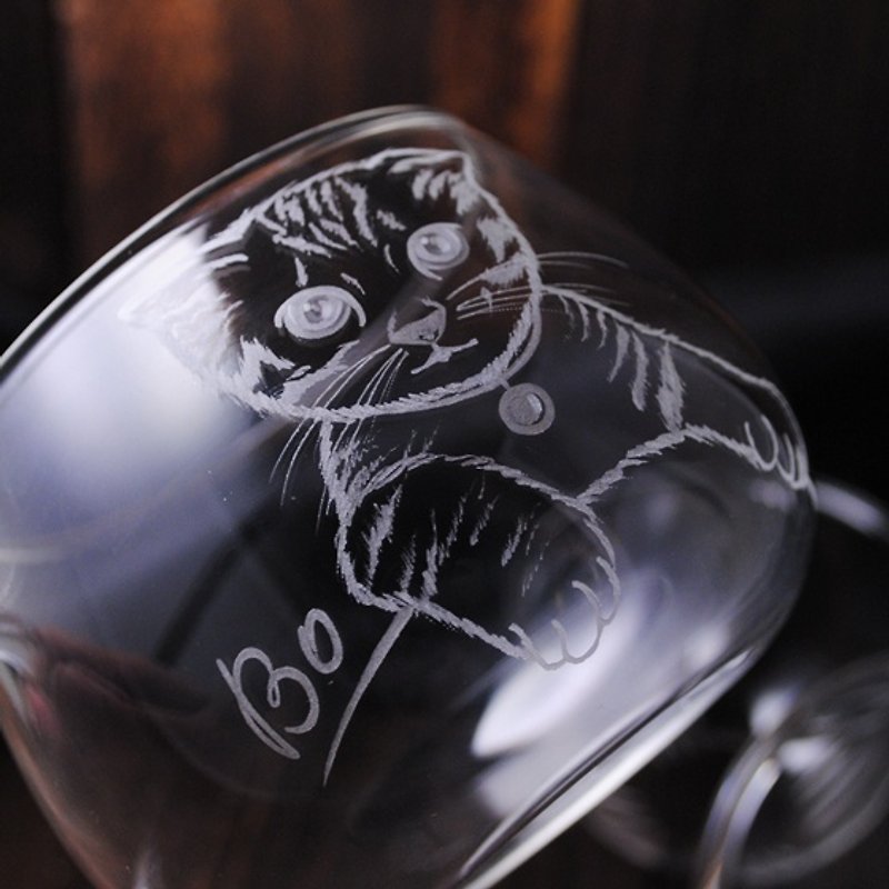 300cc【ガラス茶丸型お楽しみ3点茶碗】（簡易版）猫CAT オーダーメイドペットカービング - 似顔絵 - ガラス ブラウン