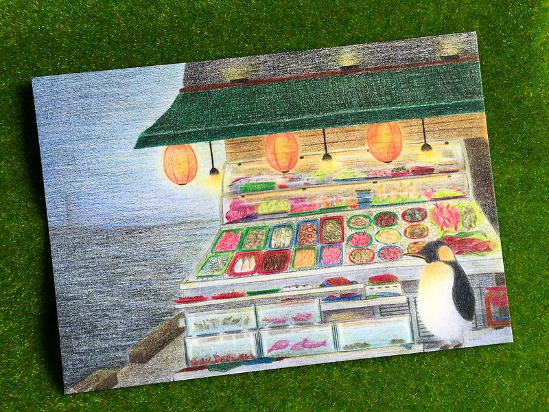 เพนกวินขายอาหารทะเล  โปสการ์ด - การ์ด/โปสการ์ด - กระดาษ สีเขียว