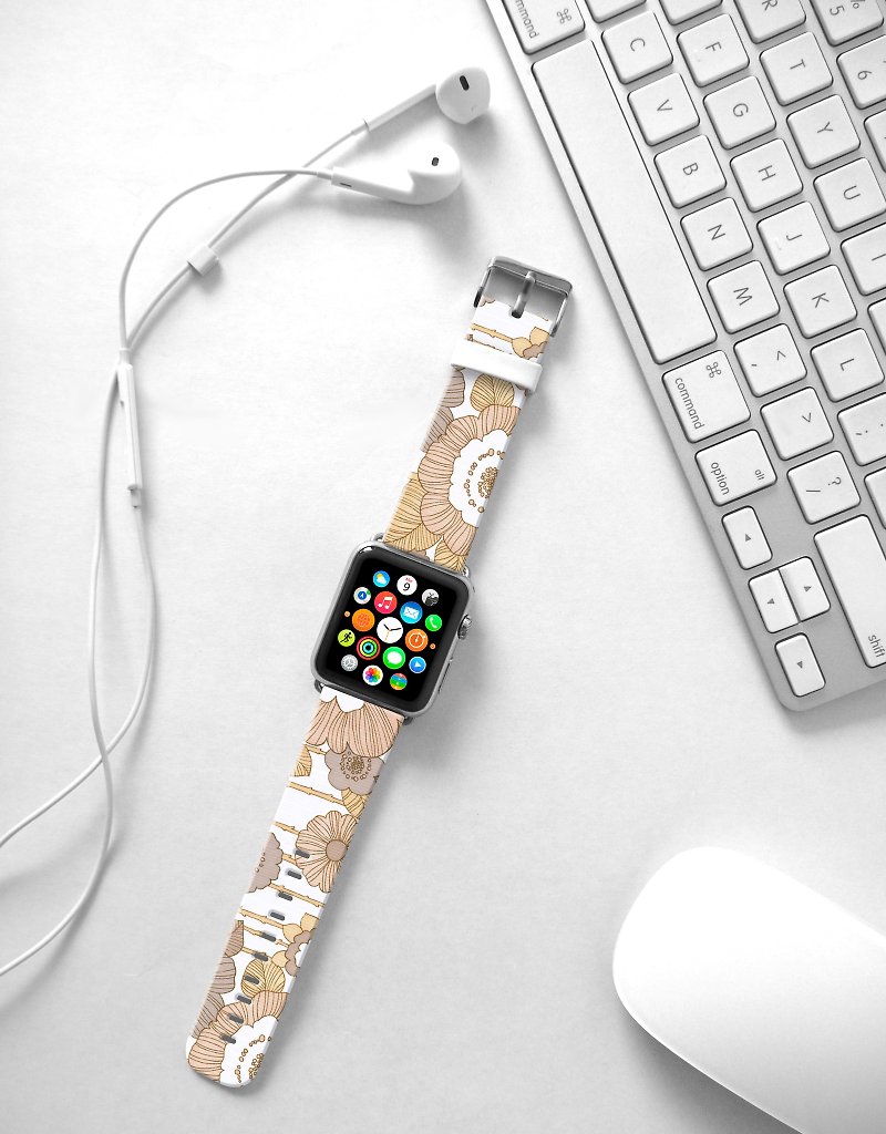 Apple Watch Series 1 , Series 2, Series 3 - Beige Rose Floral pattern Watch Strap Band for Apple Watch / Apple Watch Sport - 38 mm / 42 mm avilable - สายนาฬิกา - หนังแท้ 