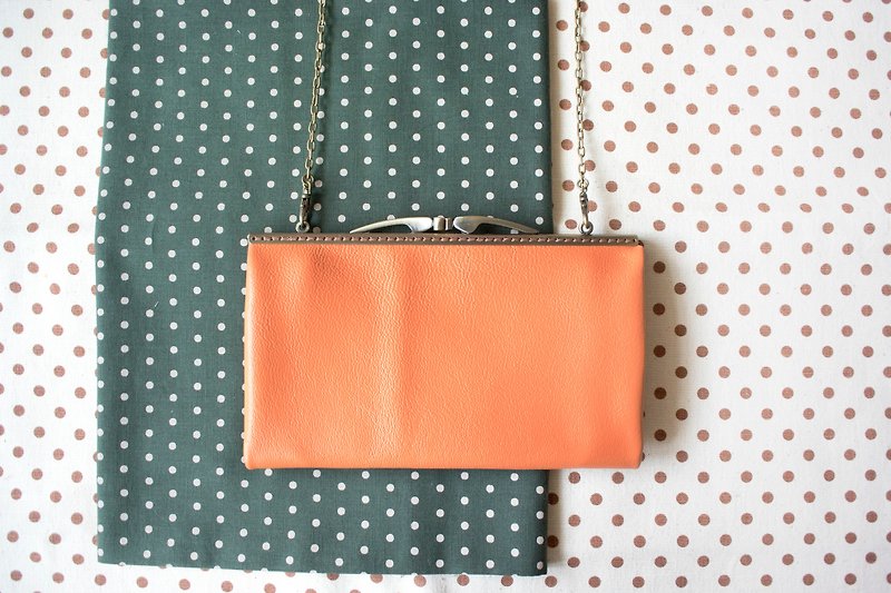 Leather Kisslock Clutch, Phone Wallet, Frame Purse, Smartphone wallet, Long Wallet(Shoulder bag)/Hermes orange - Wallets - Genuine Leather Orange