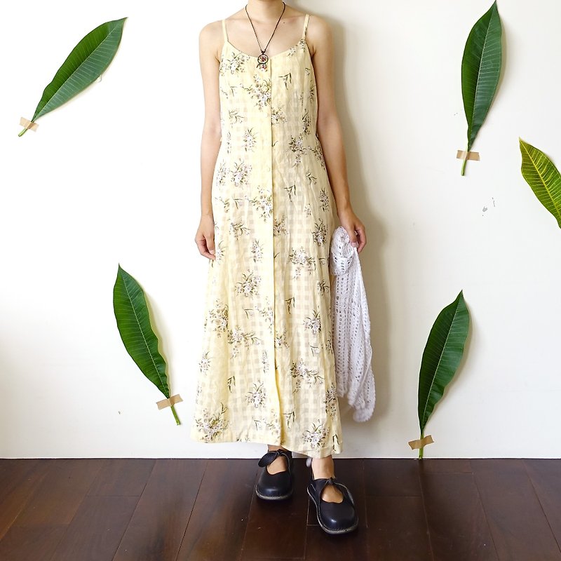 BajuTua / vintage / m color transflective thin shoulder chiffon flower Plaid Dress - One Piece Dresses - Other Materials Khaki