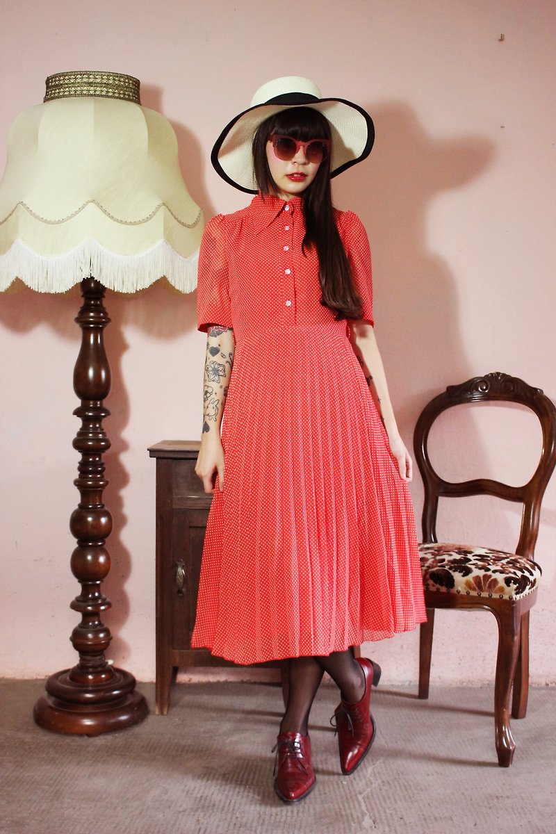 F1099(Vintage)紅色白色點點古著洋裝(此件偏XS尺寸) - 連身裙 - 其他材質 紅色