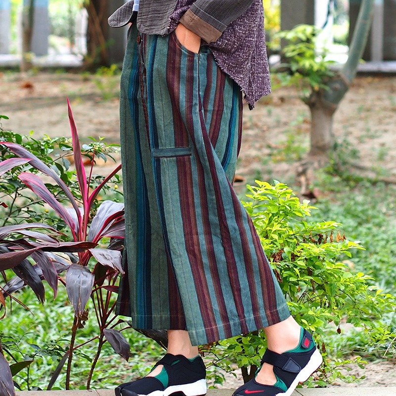 Calf village Calf Village washed cotton wide stripe pantyhose tube pants wide pants ancient Persian turquoise skirt {} Limited Listed - กางเกงขายาว - กระดาษ สีเขียว