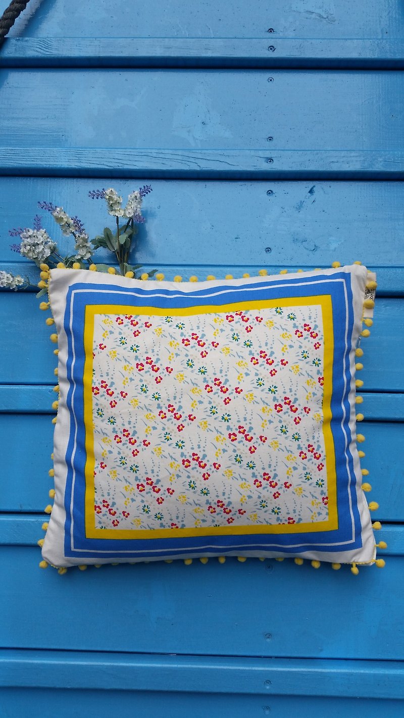 Nordic style light yellow fur ball, Peach and blue flower pattern pillow pillow cushion pillow cover - หมอน - ผ้าฝ้าย/ผ้าลินิน ขาว