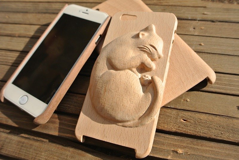 iphone6 原木木製手機殼-3D立體造型款(貓咪)-櫸木 - 手機殼/手機套 - 木頭 咖啡色