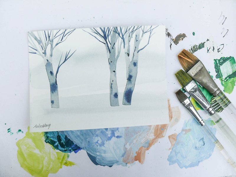「療癒系樹林系列1-13」水彩手繪限量版明信片／聖誕卡 - 卡片/明信片 - 紙 黑色