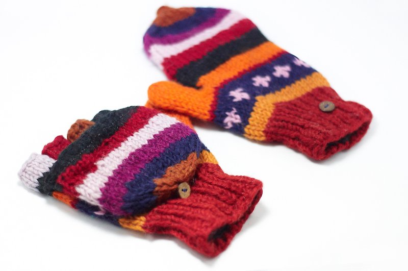 限量一件手織純羊毛針織手套 / 可拆卸手套 / 內刷毛手套 / 保暖手套 - 東歐花朵條紋 - 手套 - 其他材質 多色