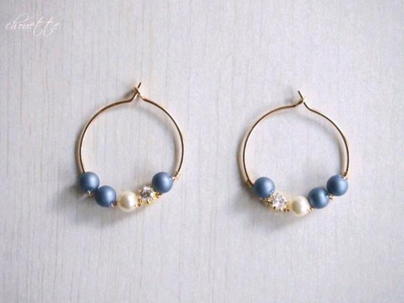 [14kgf] Swarovski pearl hoop earrings (Montana) - Earrings & Clip-ons - Other Metals 
